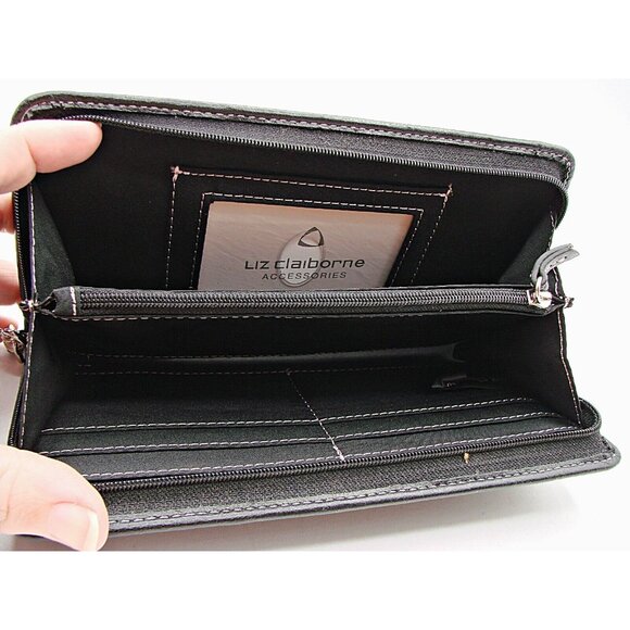 Liz Claiborne Initial B Perfect Clutch Wallet Solid Black Pink Wristlet Full Zip - Picture 5 of 12